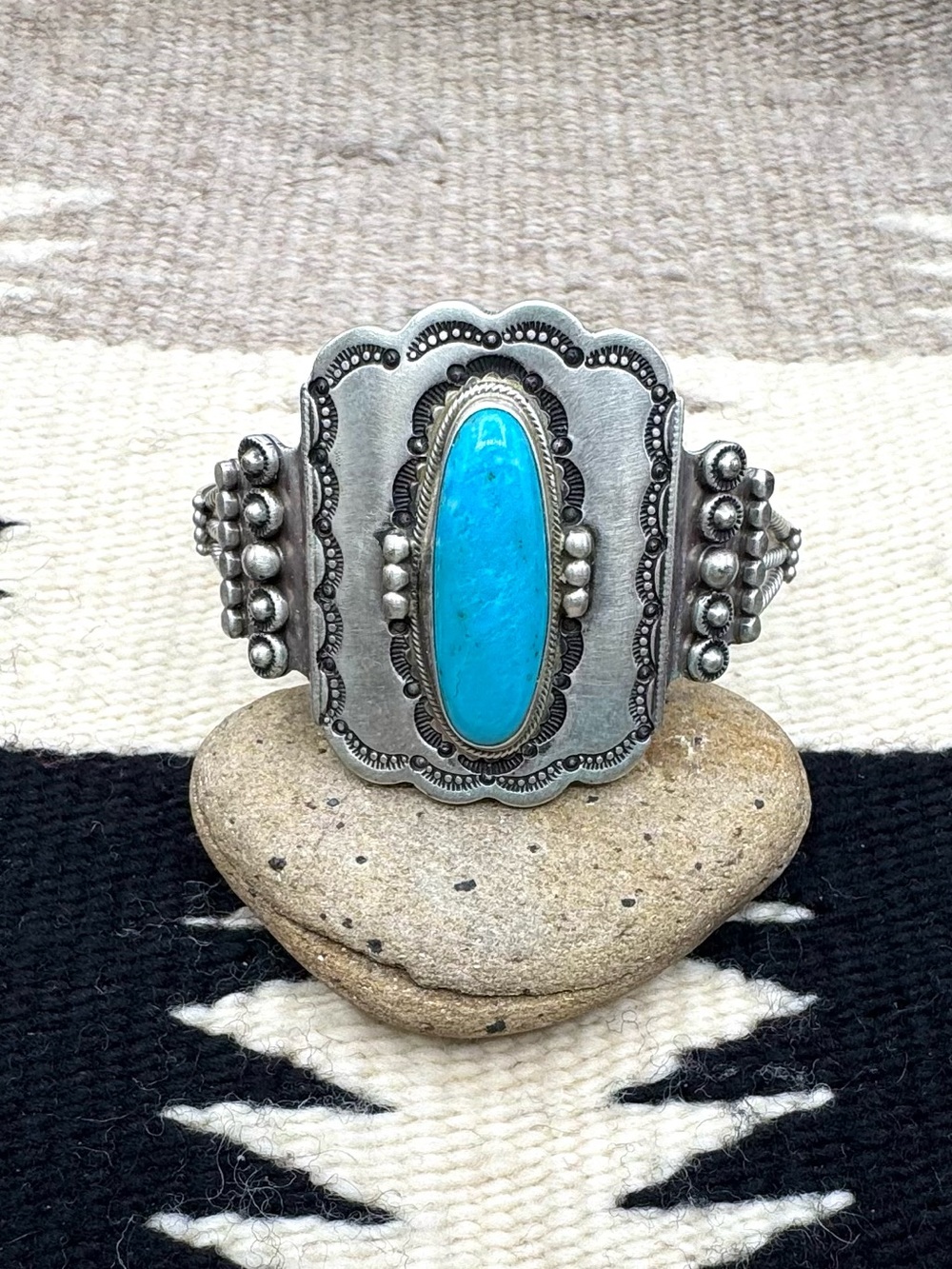 Running Bear Navajo Native American Sterling Silver Turquoise Cuff Bracelet 7"